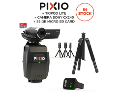 The PACK includes a complet PIXIO robot (with the watch and the 3 beacons), a tripod, a microSD card and a SONY HDR-CX240 camera