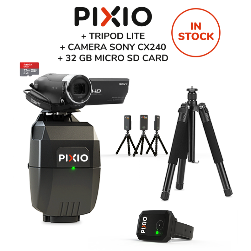 Le pack contient le robot caméraman PIXIO, un trépied, une carte microSD et une caméra SONY HDR-CX240