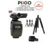 The PACK includes a complet PIXIO robot (with the watch and the 3 beacons), a tripod, a microSD card and a SONY HDR-CX240 camera