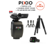 Le pack contient le robot caméraman PIXIO, un trépied, une carte microSD et une caméra SONY HDR-CX240