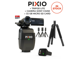 The PACK includes a complet PIXIO robot (with the watch and the 3 beacons), a tripod, a microSD card and a SONY HDR-CX450 camera