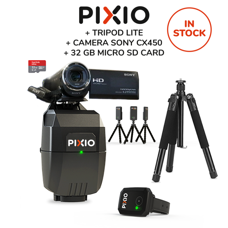 Le pack contient le robot caméraman PIXIO, un trépied, une carte microSD et une caméra SONY HDR-CX450