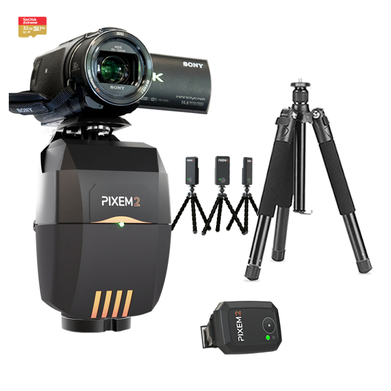Le pack contient le robot caméraman PIXEM 2, un trépied, une carte microSD et une caméra SONY AX43A