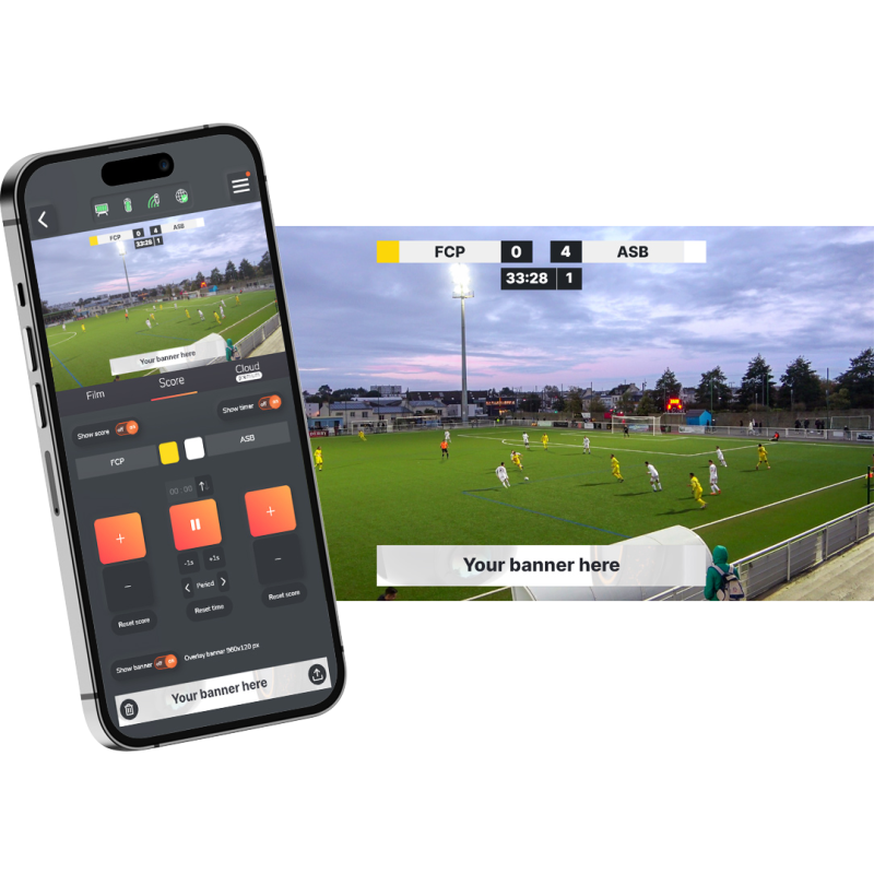 Añade un banner de patrocinadores o logos, el marcador y el tiempo de juego en tus vídeos y transmisiones en directo de PIX4TEAM