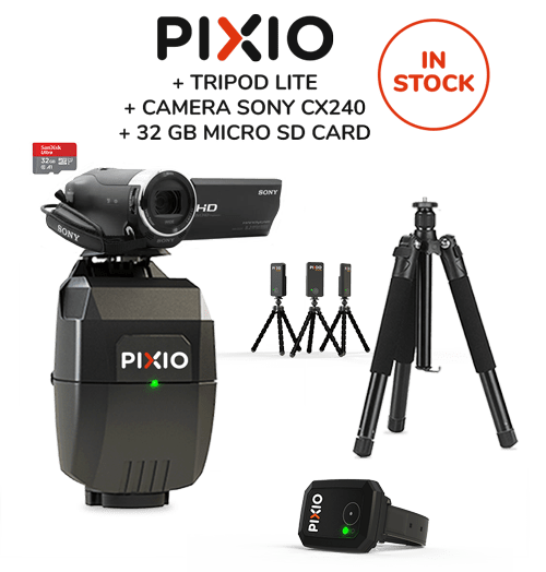 The PACK includes a complet PIXIO robot (with the watch and the 3 beacons), a tripod, a microSD card and a SONY HDR-CX240 camera