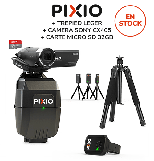 Le pack contient le robot caméraman PIXIO, un trépied, une carte microSD et une caméra SONY HDR-CX405