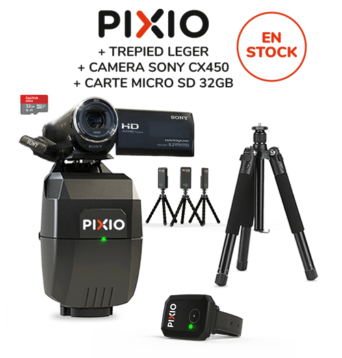 Le pack contient le robot caméraman PIXIO, un trépied, une carte microSD et une caméra SONY HDR-CX450