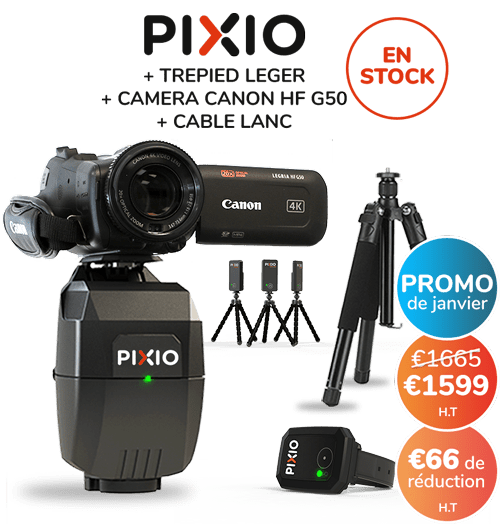 Le pack comprend le robot caméraman PIXIO, un trépied, une caméra CANON HF G50 et un câble LANC