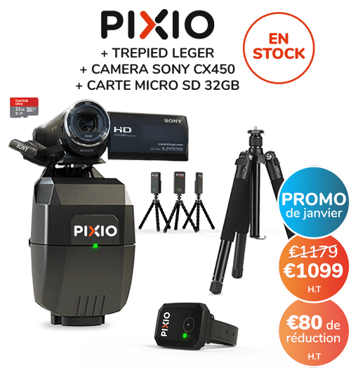 Le pack contient le robot caméraman PIXIO, un trépied et une caméra SONY HDR-CX450